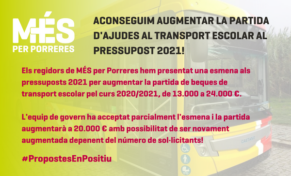 MÉS ACONSEGUEIX AUGMENTAR LA PARTIDA D’AJUDES AL TRANSPORT ESCOLAR